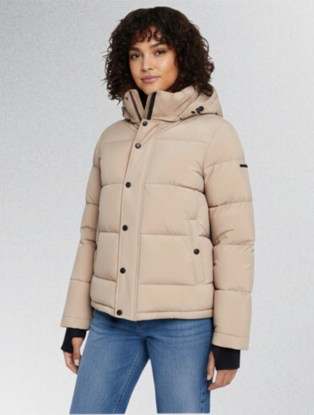 BCBG Womens Medium Hooded Puffer Jacket THUMBHOLE Cuffs Beige Mushroom Insulated